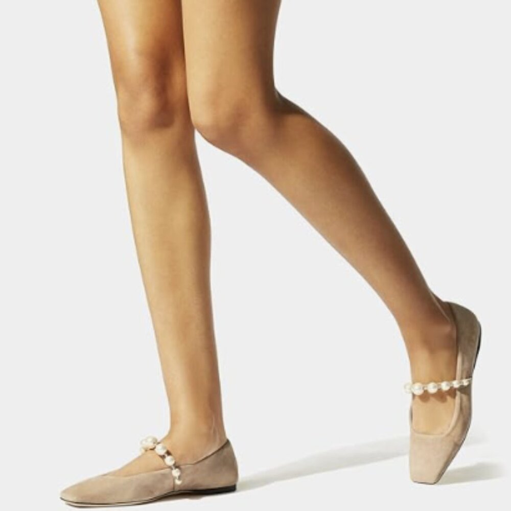 FOWT Women Square Toe Slip on Flats Pearl Studded Strap Elegant Pumps Nude